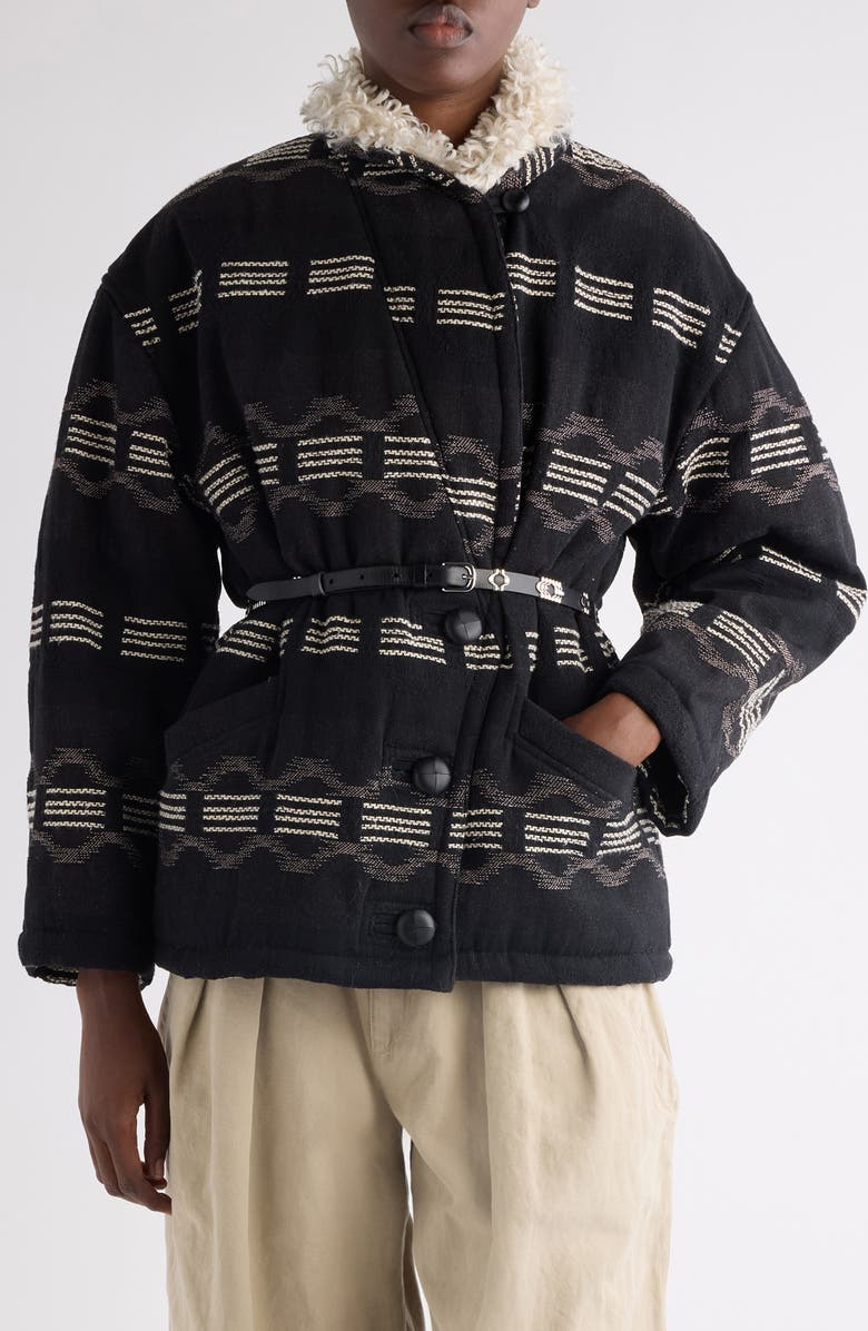 Isabel Marant Étoile Qaya Stripe Coat with Faux Fur Trim, Main, color, Faded Black