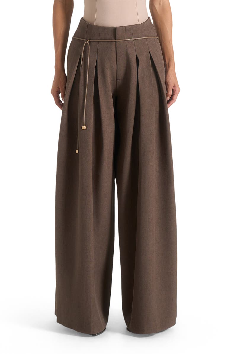 Manière De Voir Flora Box Pleat Wide Leg Belted Trousers, Main, color, Brown
