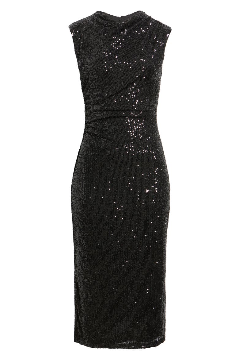 Draped Sleeveless Sequin Sheath Midi Dress, Alternate, color, ANNE BLACK