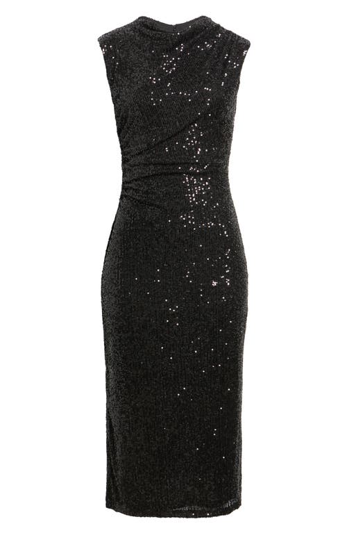 Anne Klein Draped Sleeveless Sequin Sheath Midi Dress In Black