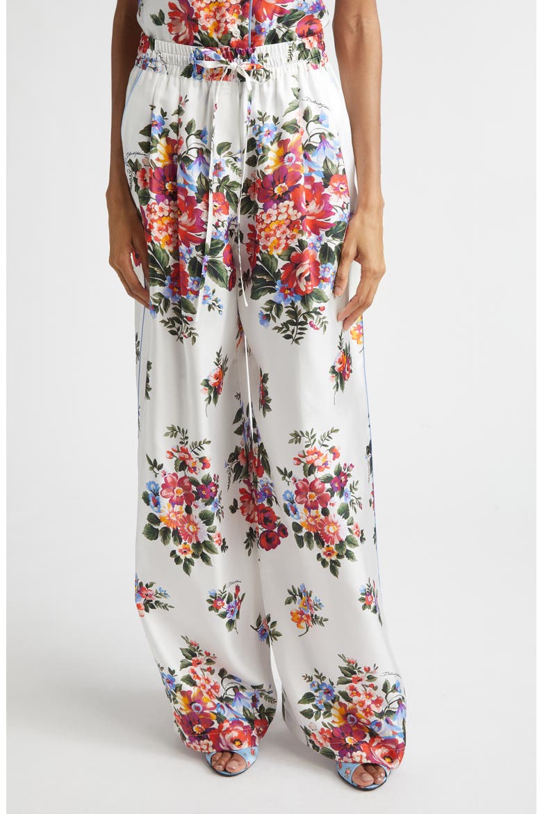 Floral Bouquet Print Silk Twill Drawstring Pants, Main, color, MAZZ.FIORI F.BIANCO