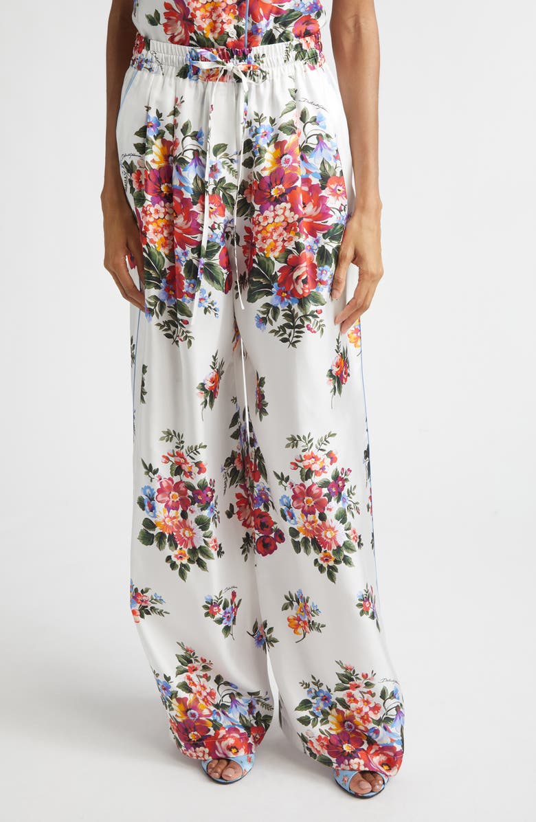 Dolce&Gabbana Floral Bouquet Print Silk Twill Drawstring Pants, Main, color, Mazz.fiori F.bianco