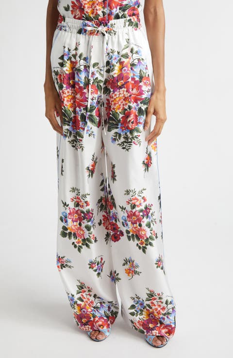 Floral Bouquet Print Silk Twill Drawstring Pants