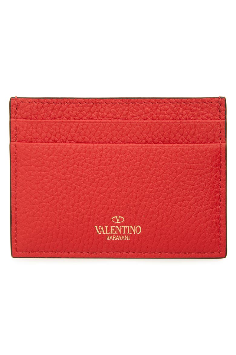 Rockstud Calfskin Leather Card Holder, Alternate, color, ROUGE PUR