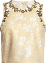 Cinq à Sept Rhinestone Floral Jacquard Sleeveless Top