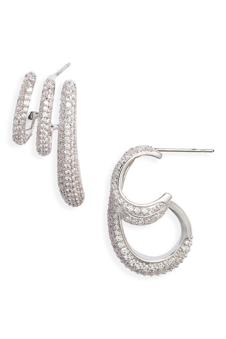 Triple Cubic Zirconia Pavé Hoop Earrings, Main, color, CLEAR- SILVER