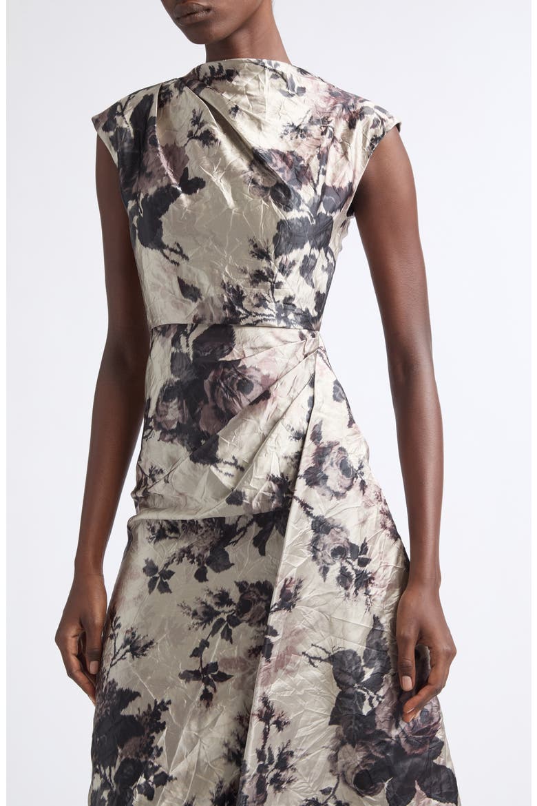 Floral Draped Textured Satin Midi Dress, Alternate, color, FONTEYN ROSE PEARL