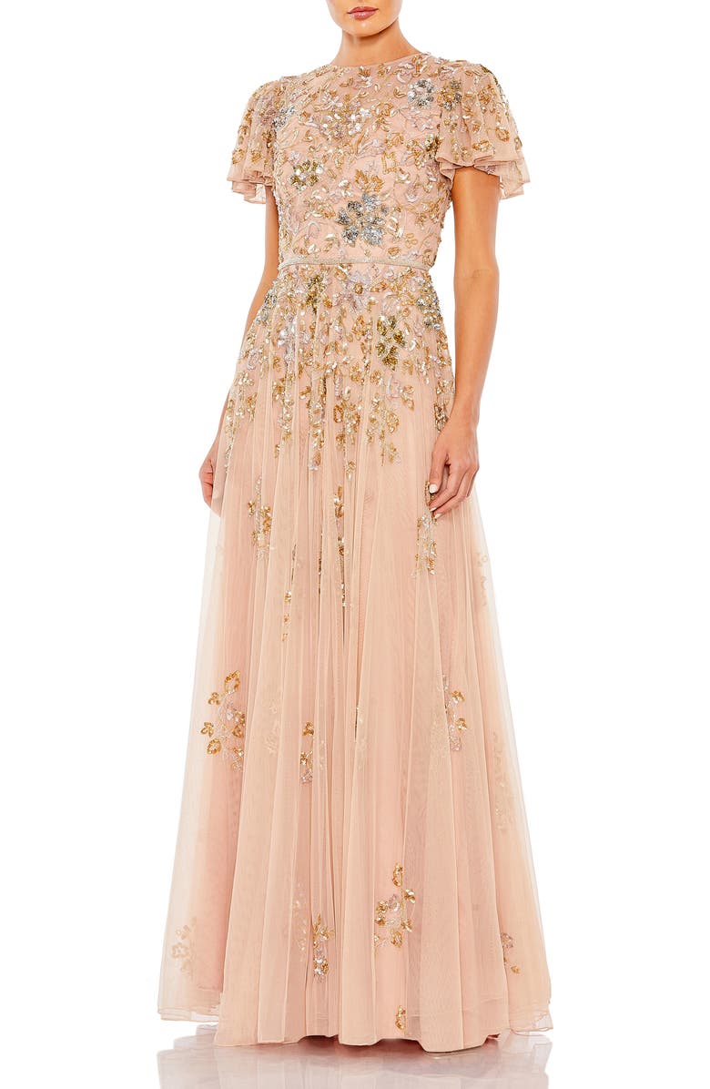 Mac Duggal Embellished Butterfly Sleeve High Neck Gown, Main, color, Taupe Multi