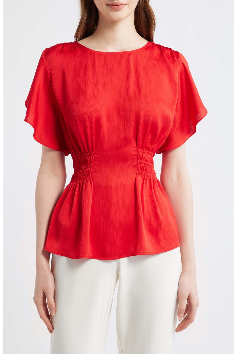 Flutter Sleeve Smocked Waist Top, Main, color, BEGONIA RED