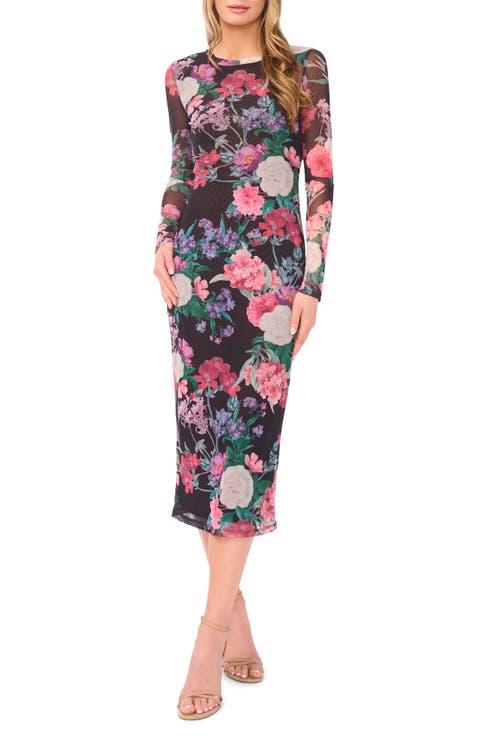 Stacie Floral Long Sleeve Mesh Midi Dress