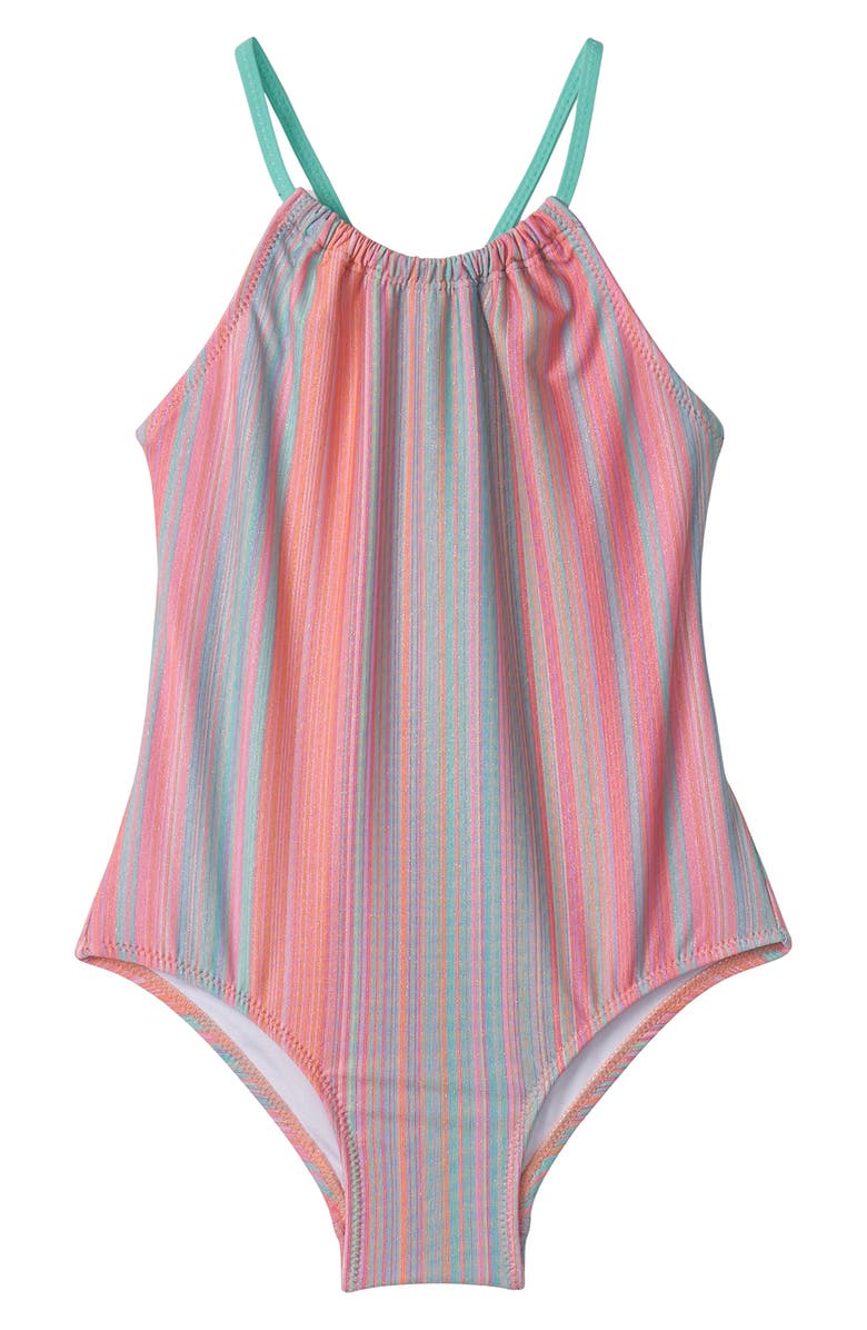 Hatley Kids' Shimmer Stripe Gathered One-Piece Swimsuit, Main, color, 