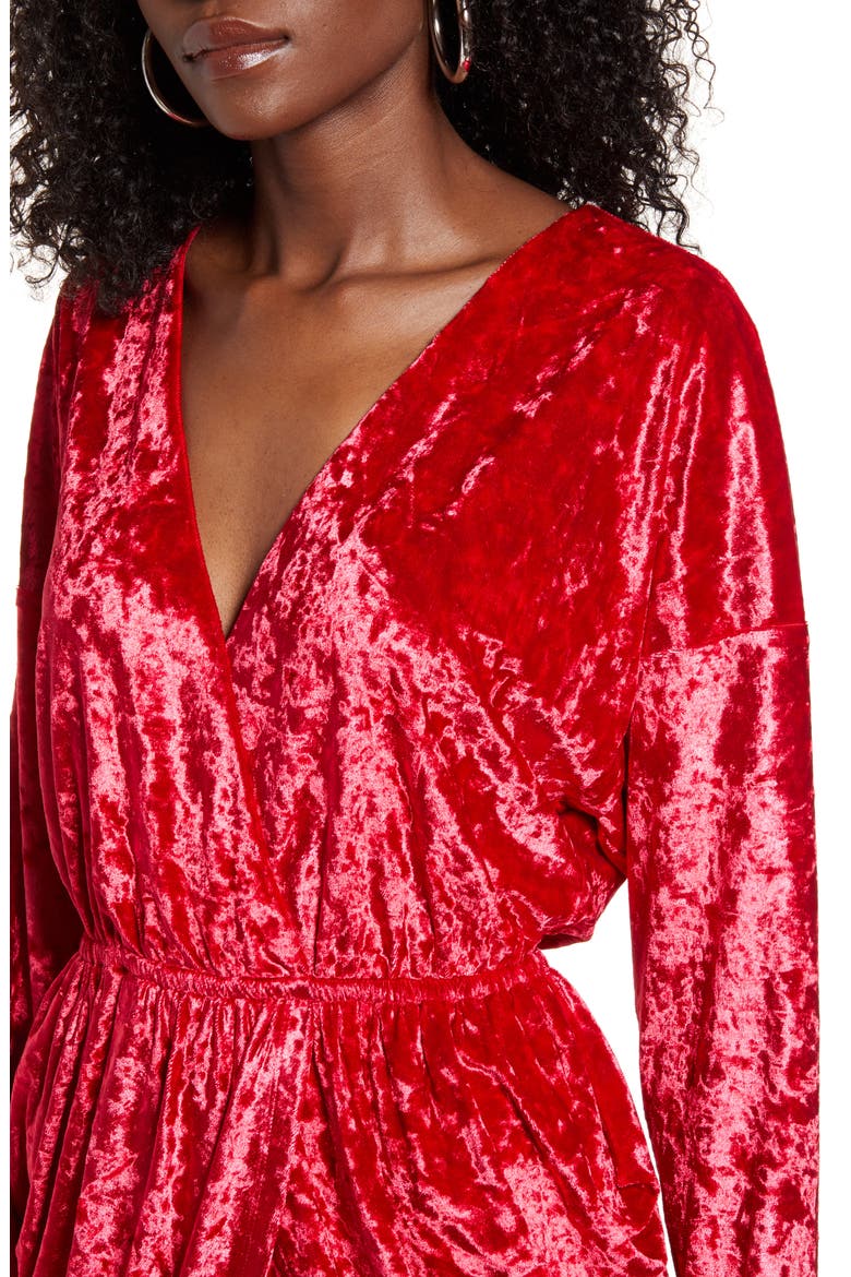 Wrap Front Long Sleeve Crushed Velvet Minidress, Alternate, color, RED