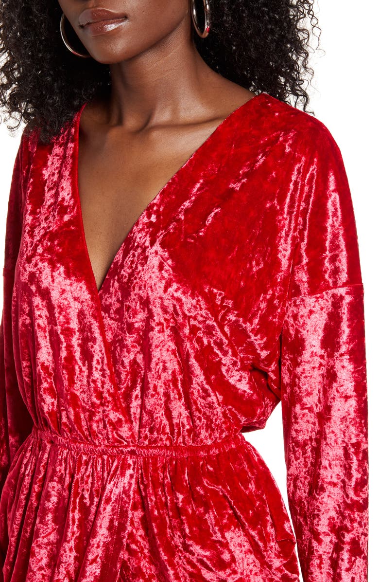 Endless Rose Wrap Front Long Sleeve Crushed Velvet Minidress, Alternate, color, Red