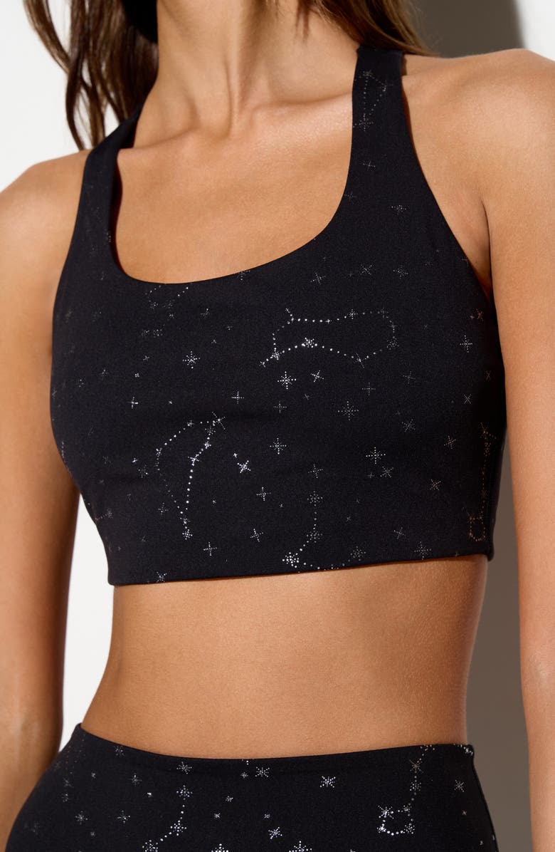 Spiritual Gangster Frankie Zodiac Print Racerback Sports Bra, Alternate, color, Black
