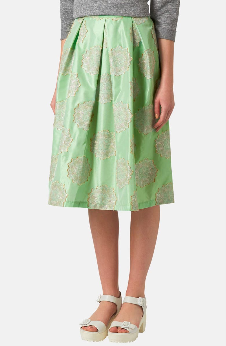 Topshop Metallic Lace Jacquard Midi Skirt, Main, color,