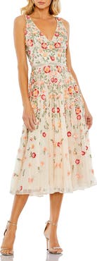 Mac Duggal V-Neck Sleeveless Midi Floral Beaded A-Line Dress