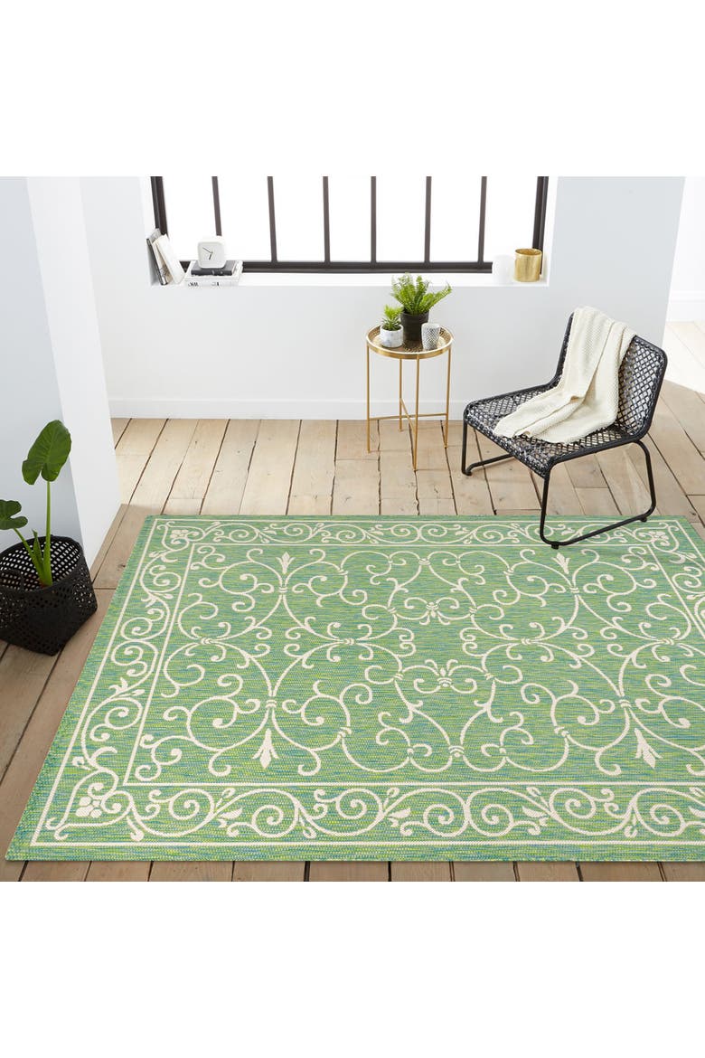 Charleston Vintage Filigree Textured Weave Indoor/Outdoor Area Rug, Alternate, color, Green/Ivory
