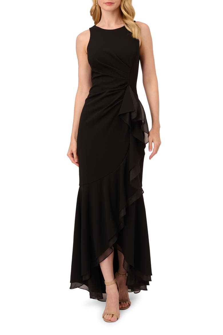 Ruffle Crepe High-Low Gown, Main, color, BLACK