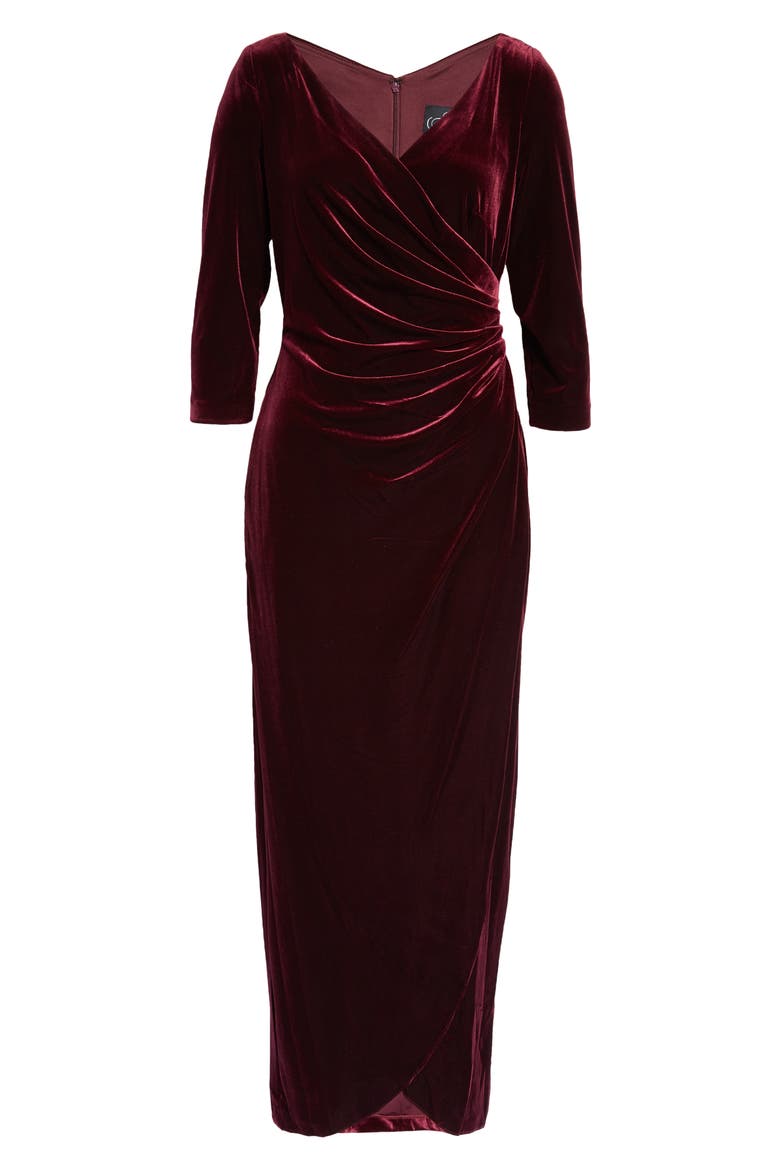 Ruched Three-Quarter Sleeve Velvet Gown, Alternate, color, WINE