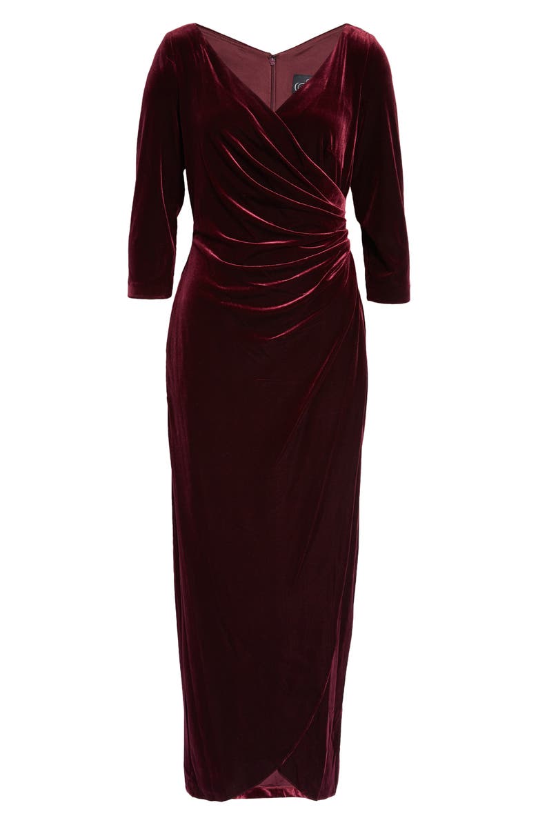 Ruched Three-Quarter Sleeve Velvet Gown