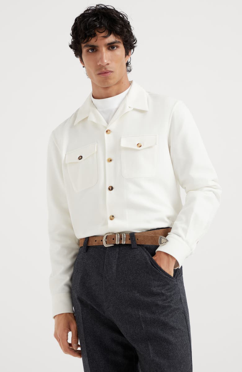 Brunello Cucinelli Wool and cashmere flannel overshirt with camp collar and chest pockets, Alternate, color, 