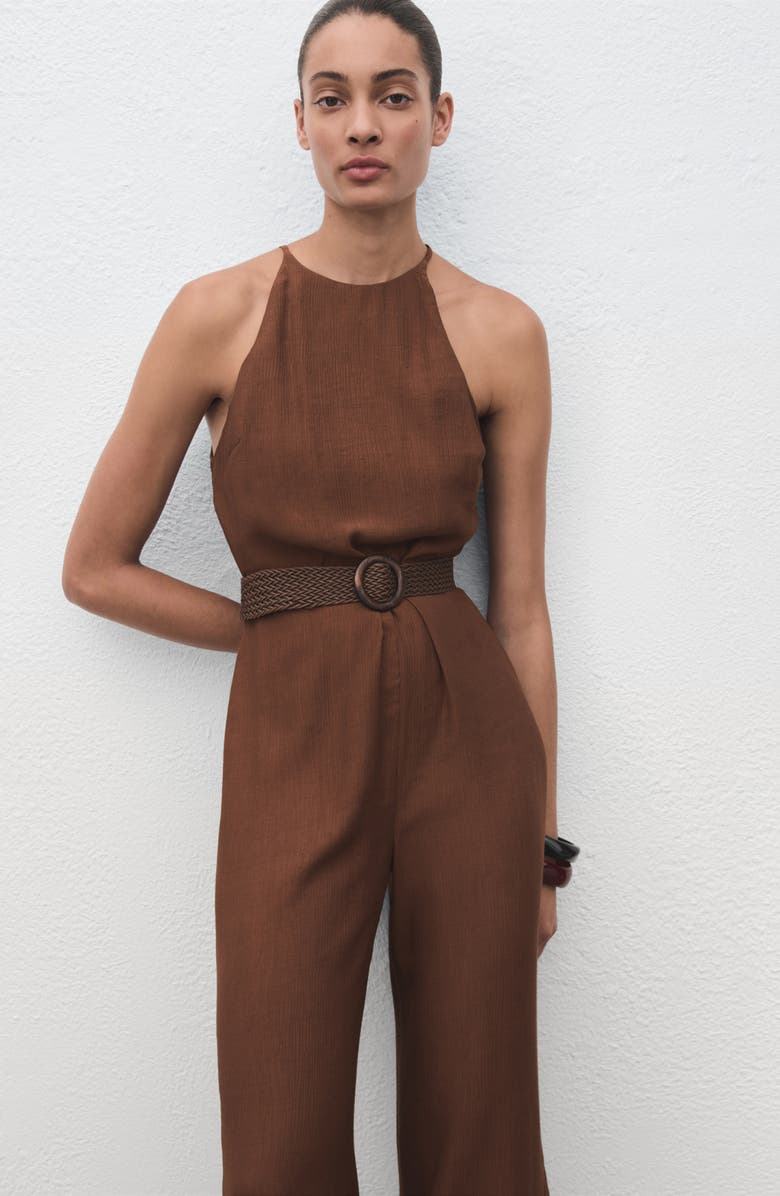 MANGO Texture Sleeveless Wide Leg Jumpsuit, Alternate, color, Brown