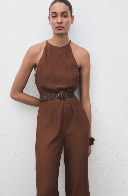 Mango Texture Sleeveless Wide Leg Jumpsuit In Brown