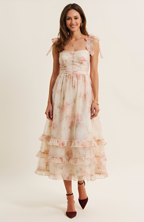 Modenaire Floral Tie-shoulder Ruched Bodice Tiered Midi Dress In Neutral