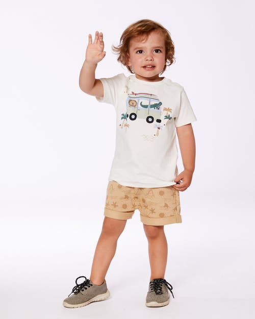 DEUX PAR DEUX DEUX PAR DEUX LITTLE BOY'S SHORT SLEEVE TOP AND FRENCH TERRY SHORT SET BEIGE WITH PALM TREES AND BLU 