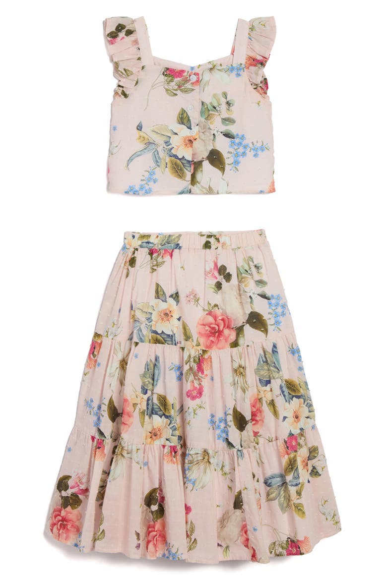 Kids' Floral Clip Dot Crop Cotton Top & Maxi Skirt Set, Alternate, color, PINK