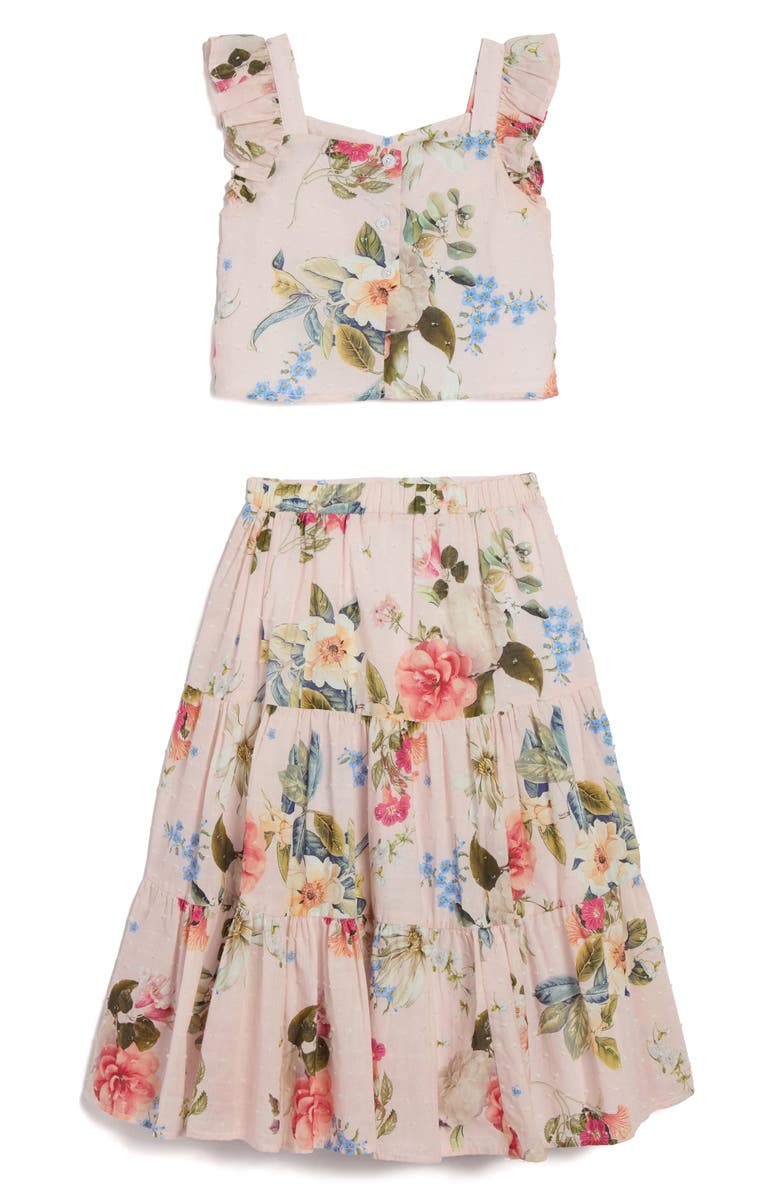 Pippa & Julie Kids' Floral Clip Dot Crop Cotton Top & Maxi Skirt Set, Alternate, color, Pink