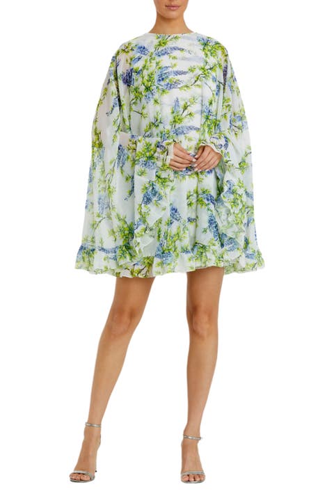 Floral Print High Neck Ruffle Hem Cape Mini Dress