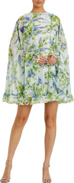 Mac Duggal Floral Print High Neck Ruffle Hem Cape Mini Dress