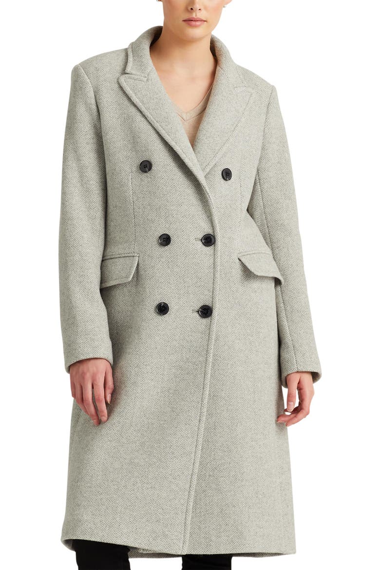 Herringbone Double Breasted Wool Blend Coat, Main, color, LT GREY HERRINGBONE