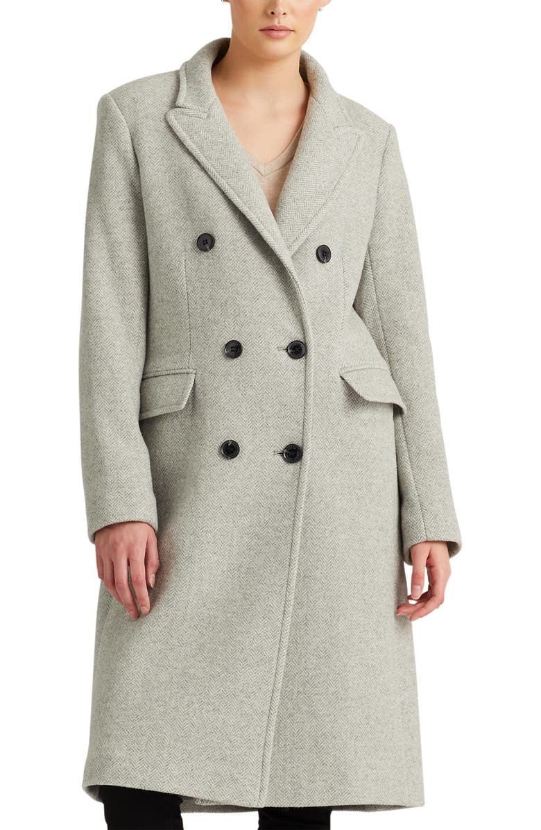 Lauren Ralph Lauren Herringbone Double Breasted Wool Blend Coat, Main, color, 