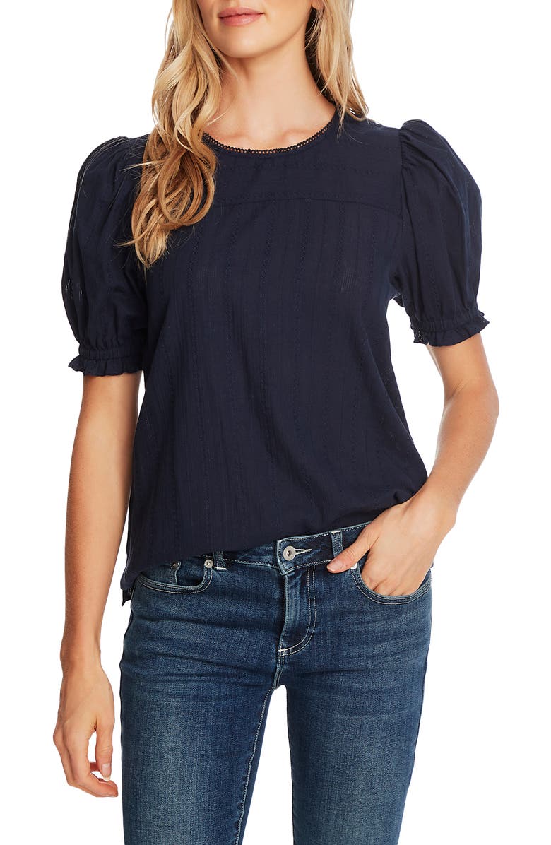 CeCe Stripe Puff Sleeve Cotton Blouse, Main, color, 