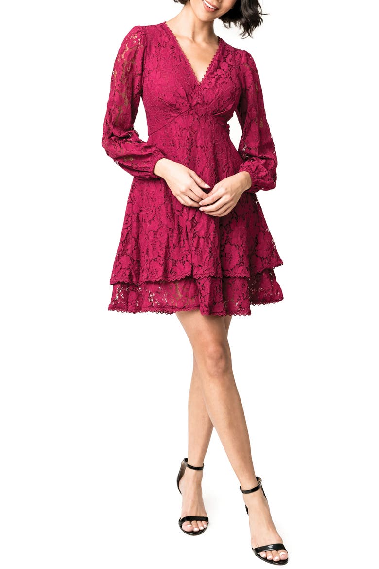 Lace Long Sleeve Fit & Flare Minidress, Main, color, WINTERBERRY