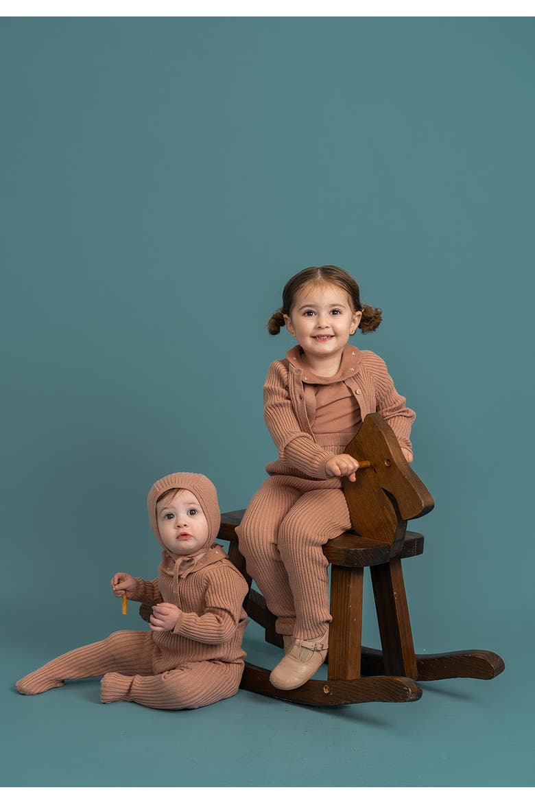 Ruffle Collar Knitted Long Sleeve Romper and Bonnet, Alternate, color, Dark Almond