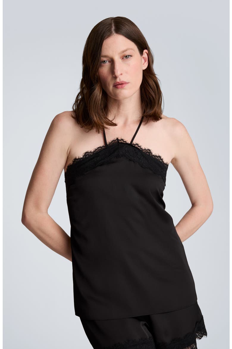 Eyelash Lace Trim Satin Top, Alternate, color, BLACK