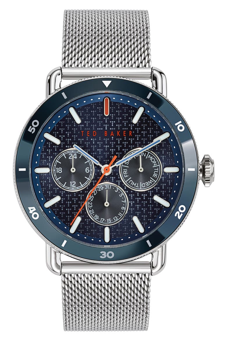 Margarit Multifunction Mesh Strap Watch, 46mm, Main, color, SILVER/ BLUE/ SILVER