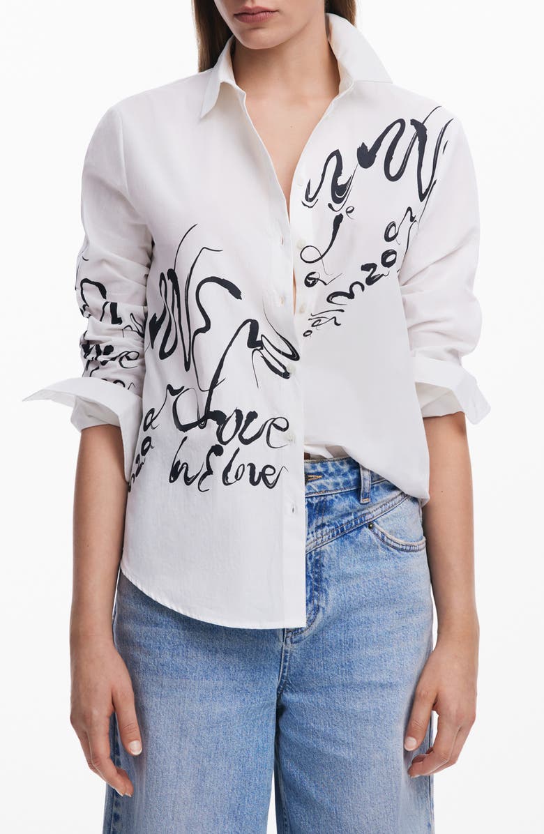 Desigual Ink Letter Button-Up Shirt, Main, color, 