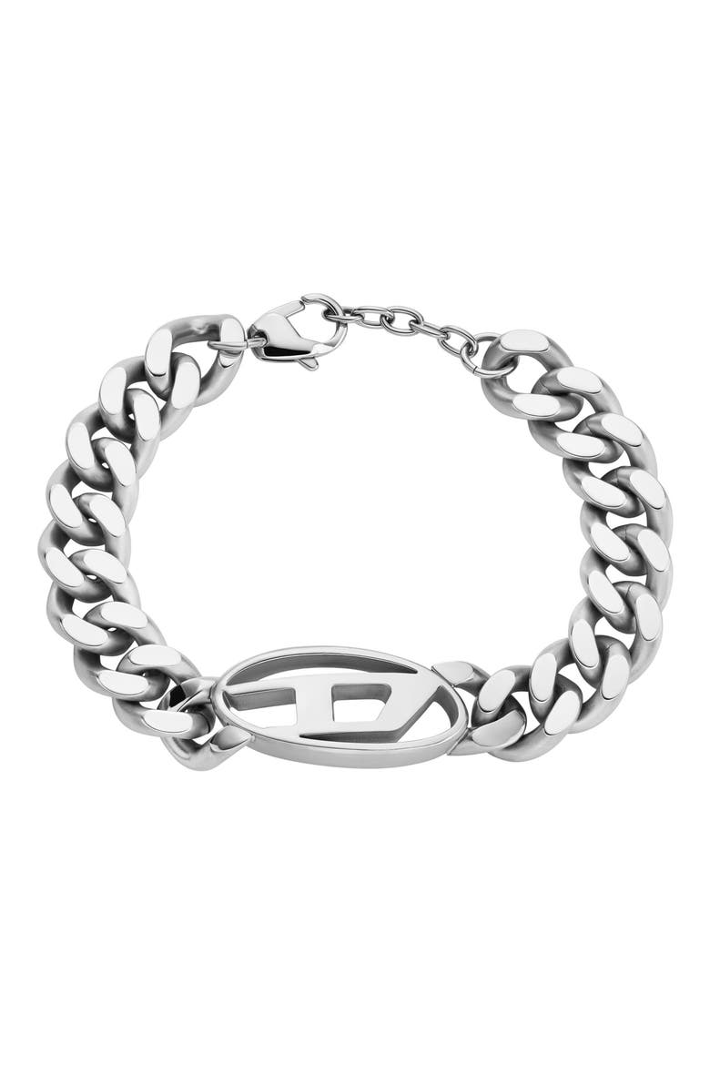 Oval D Logo Chain Bracelet, Main, color, SILVER