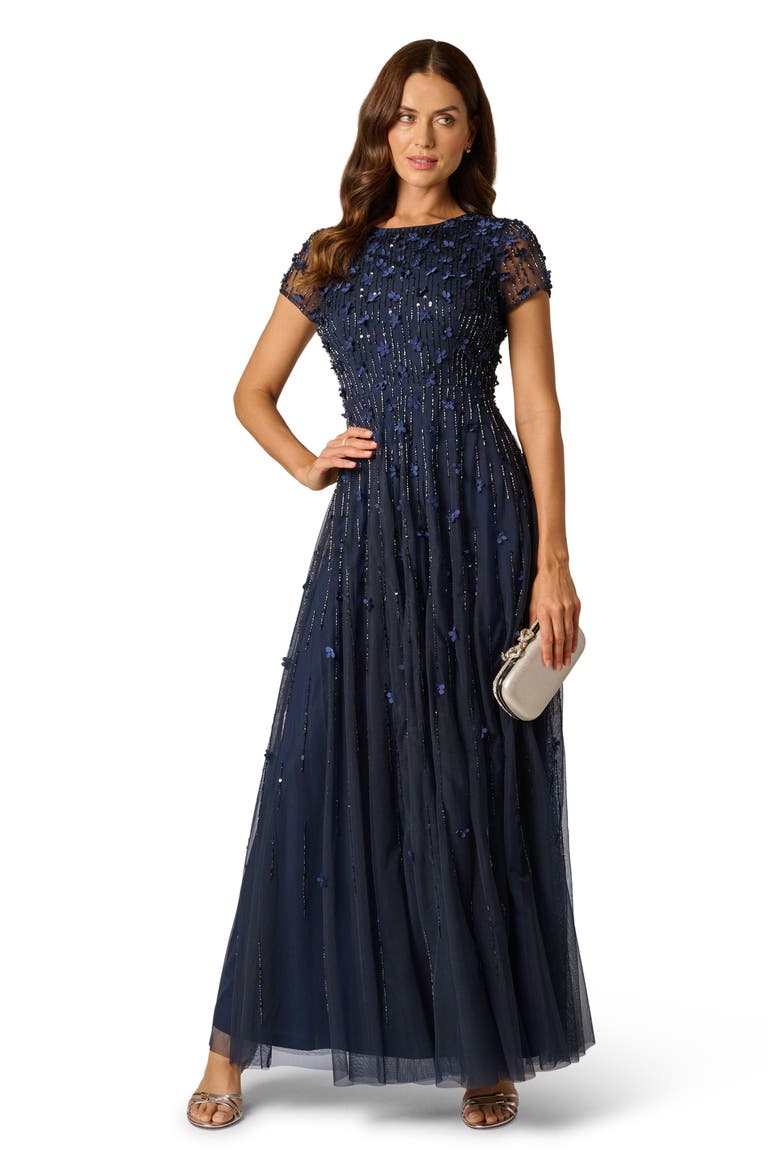 Beaded Appliqué Gown, Alternate, color, NAVY