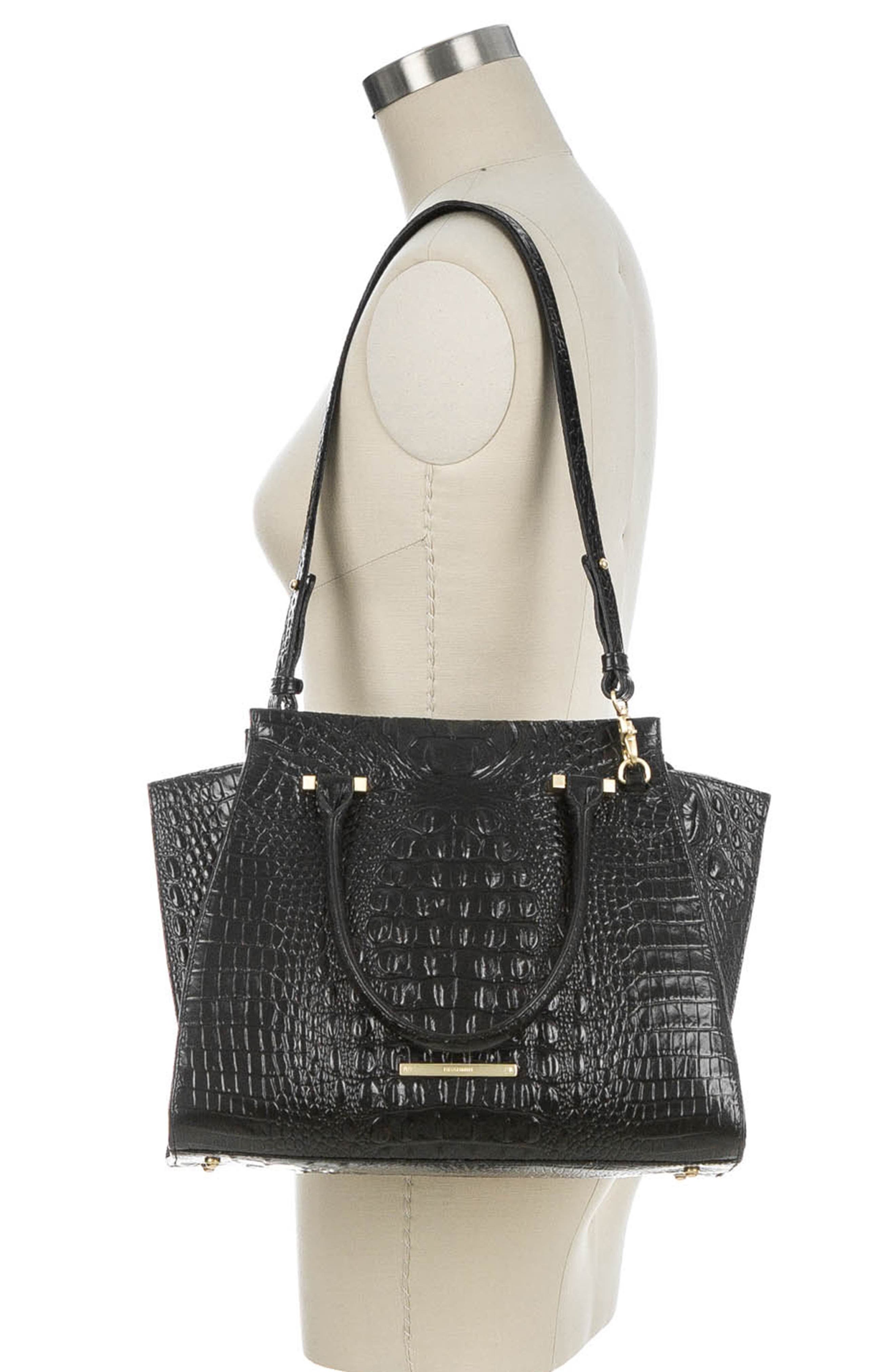 'Priscilla' Croc Embossed Leather Satchel, Alternate, color, BLACK
