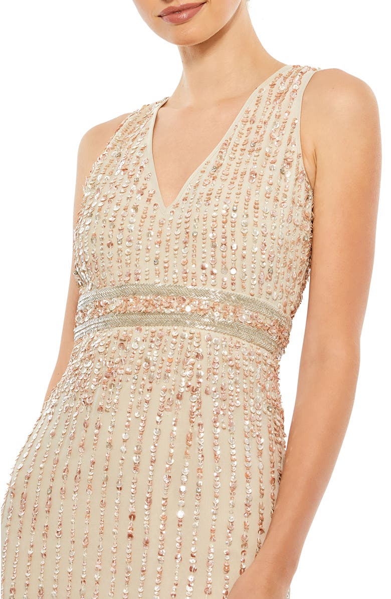 Mac Duggal Sequined Sleeveless V-Neck Midi Sheath Dress, Alternate, color, Nude