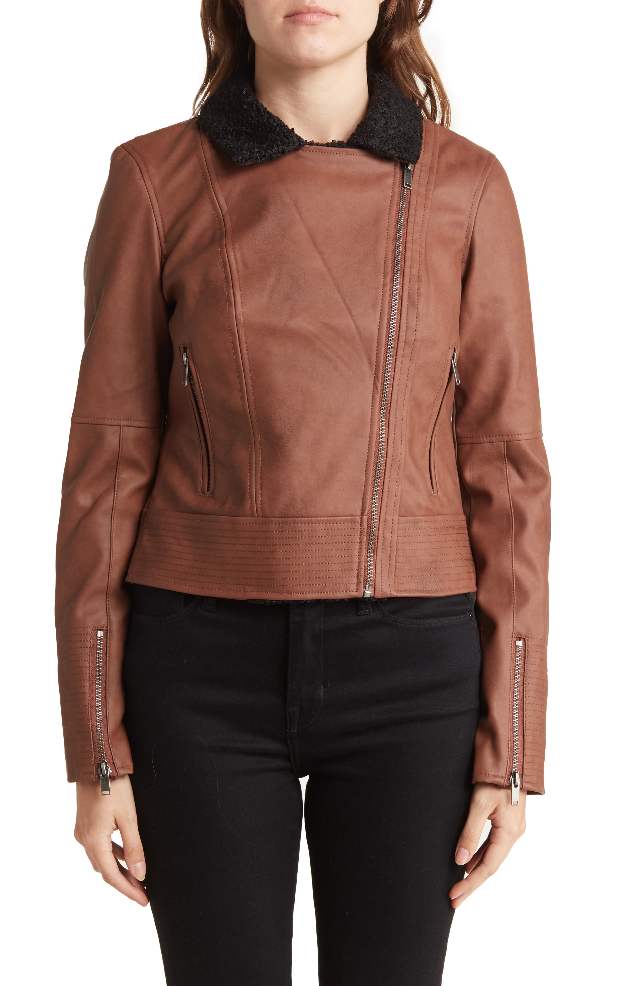 Coffee Shop Faux Shearling Collar Faux Leather Jacket (Women ...