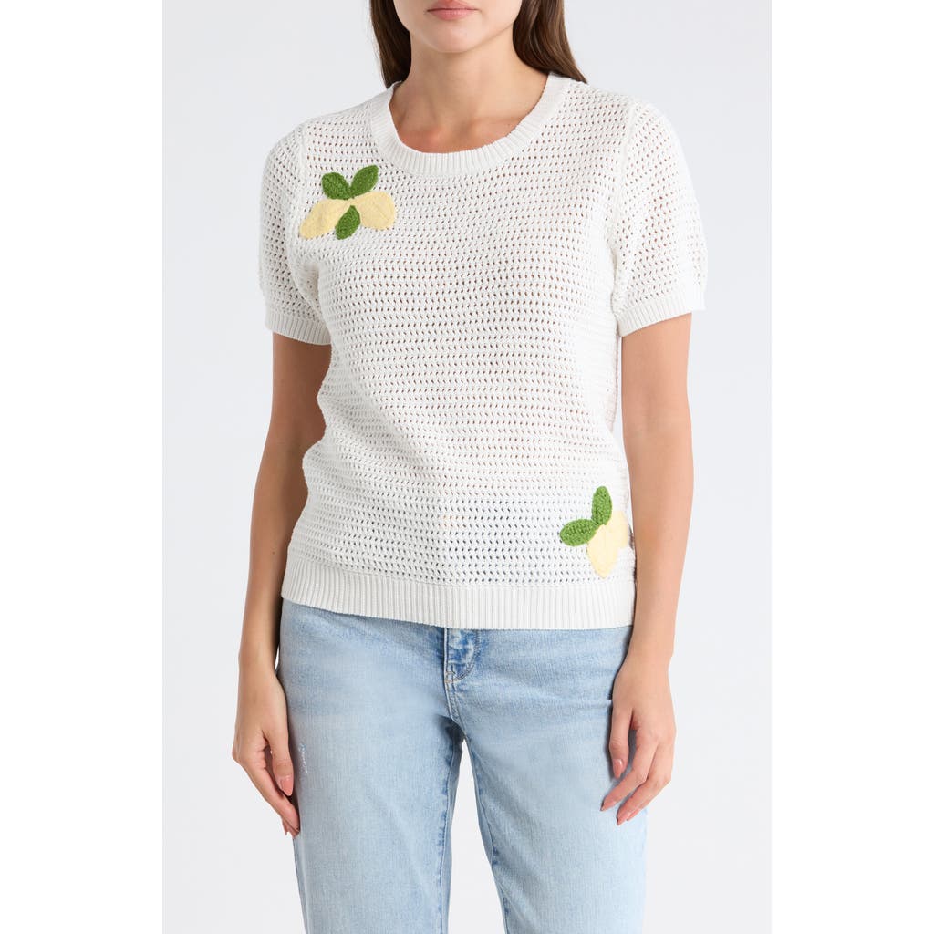 Dr2 By Daniel Rainn Short Sleeve Lemon Open Stitch Sweater In White