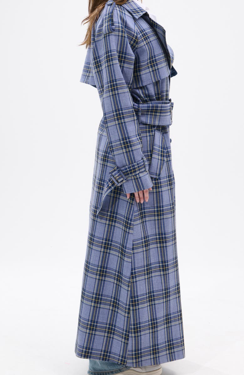 AZALEA WANG Long Plaid Trench Coat, Alternate, color, Blue Multi