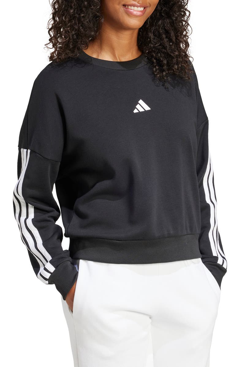 adidas 3-Stripes French Terry Crop Sweater, Alternate, color, Black/ White