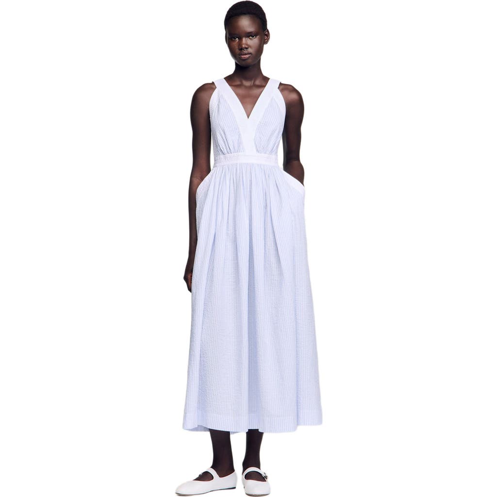 Sandro Seersucker Stripe Maxi Dress In White